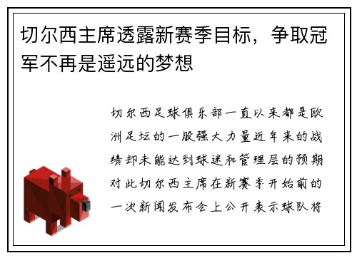 切尔西主席透露新赛季目标，争取冠军不再是遥远的梦想